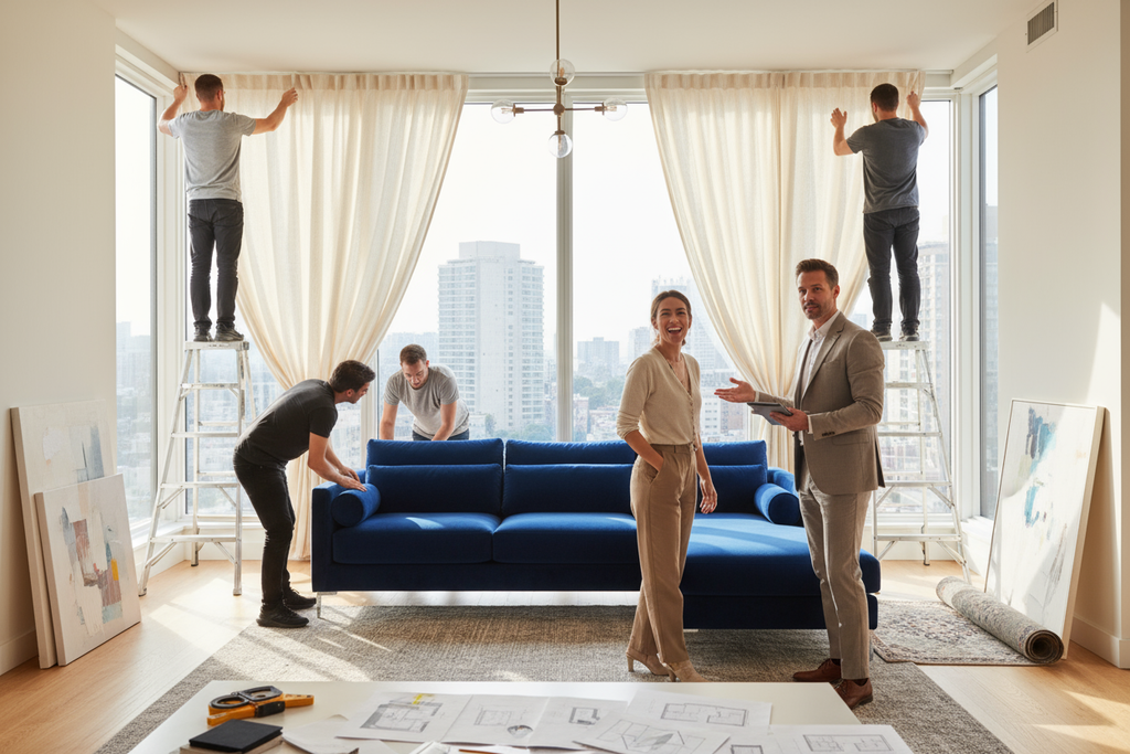 make an apartments with curtain and blue sofa installation process with happy client and manager 