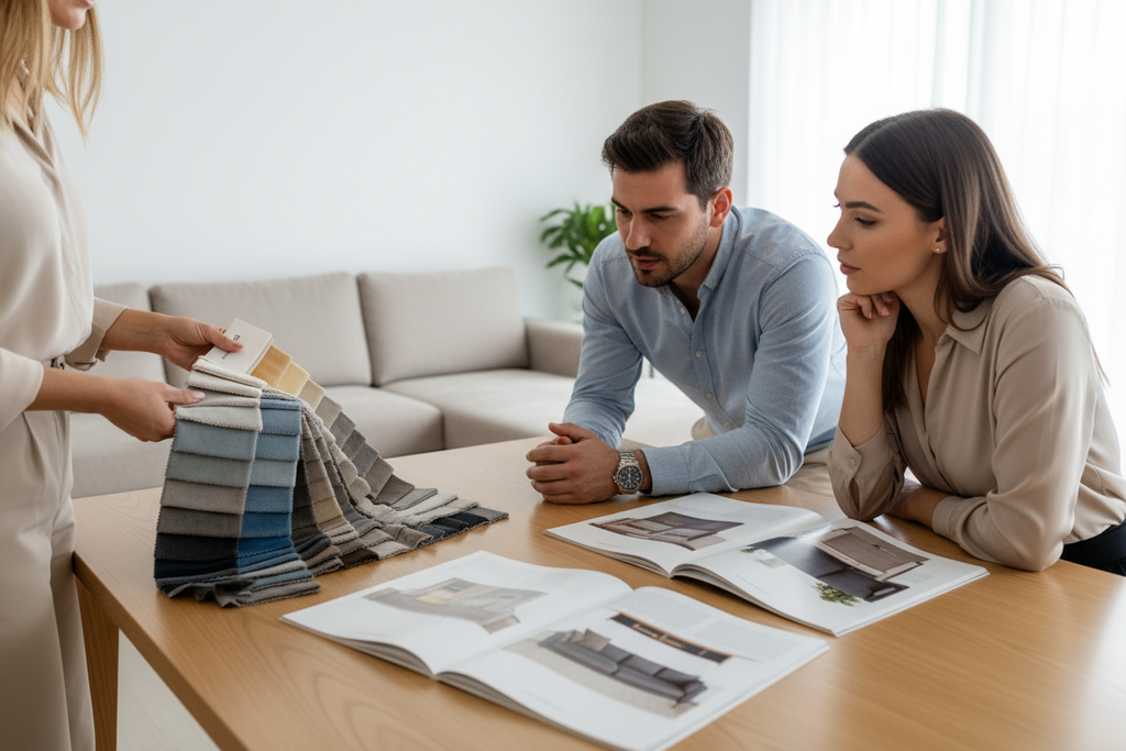 want some curtain colour logo in his hand and catalog of sofas, apartment should be plane wall